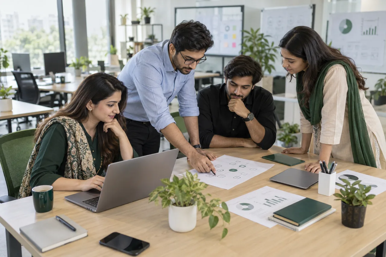 Illustrative technology and business professionals collaborating in an office