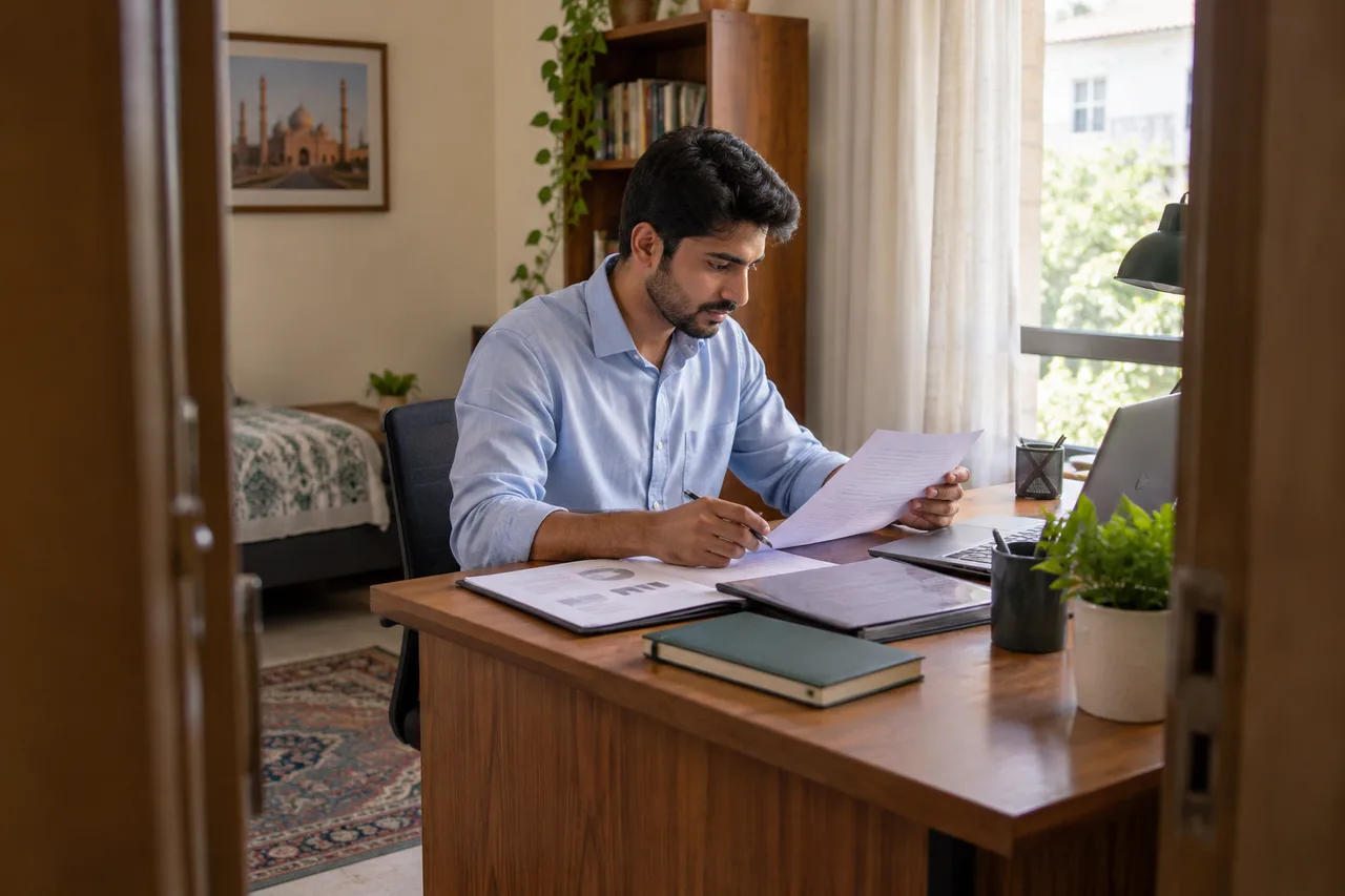 Illustrative job seeker preparing a CV and portfolio at a desk