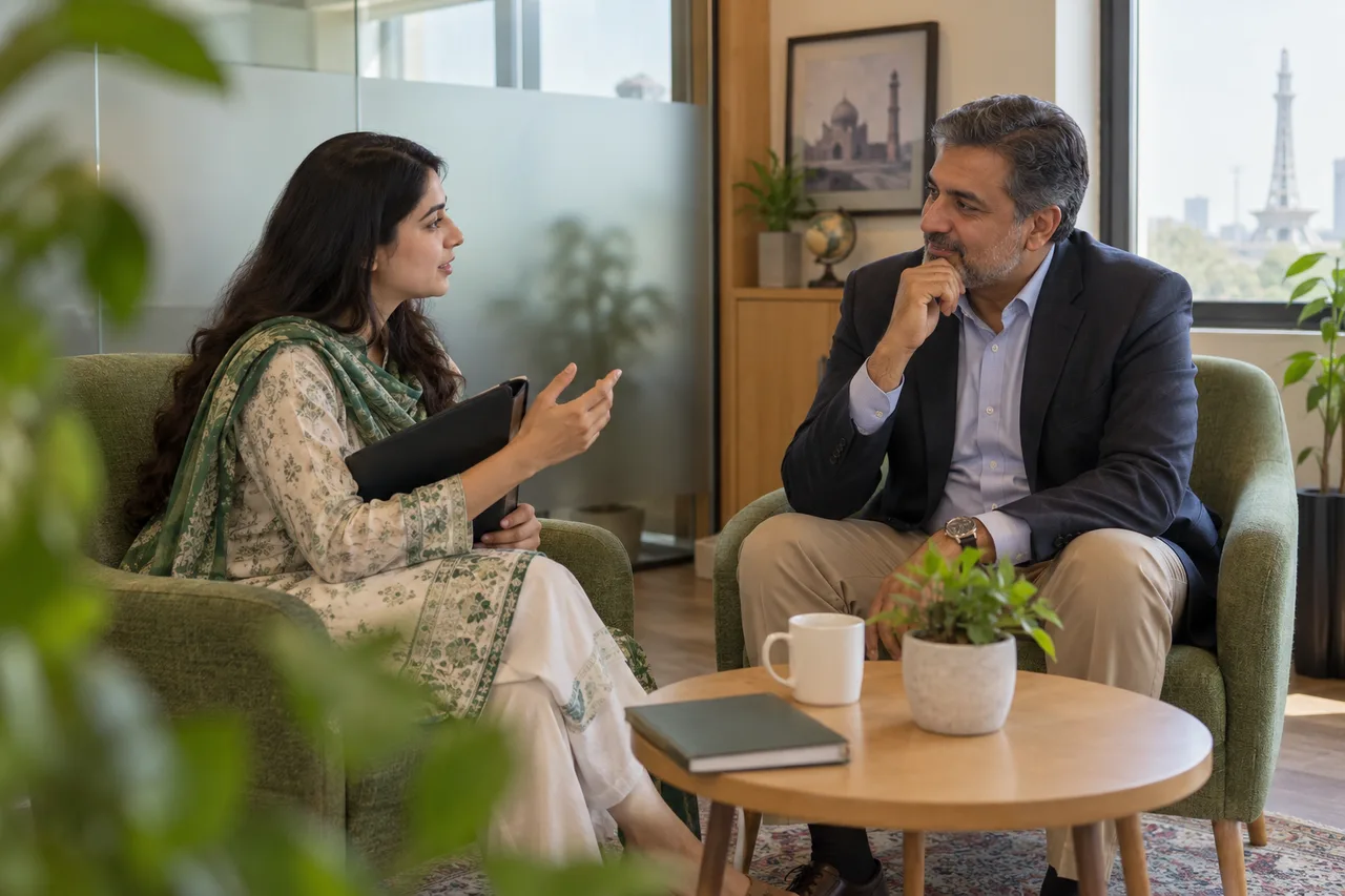 Illustrative career adviser discussing a candidate’s experience and goals