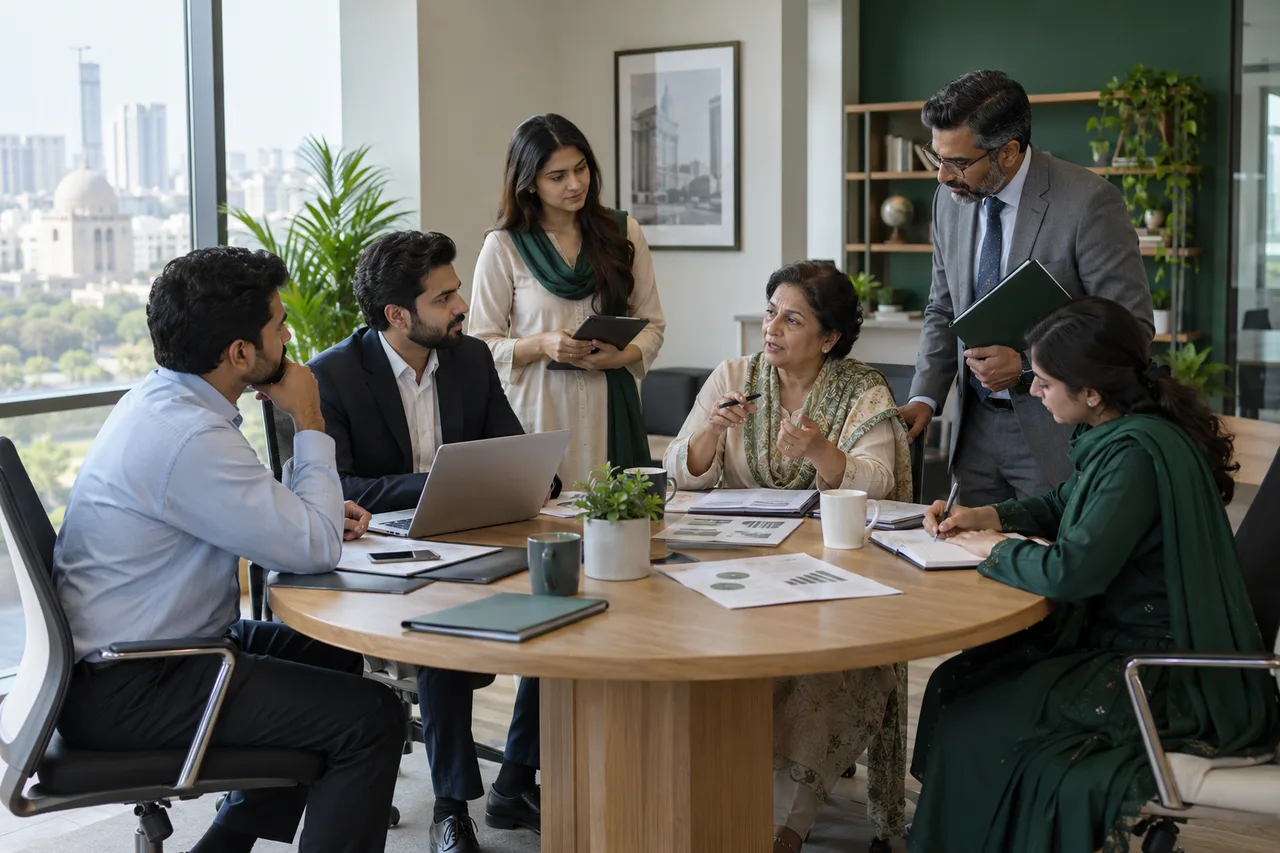 Illustrative professional team discussing plans in an office