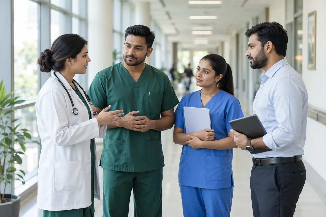 Illustrative clinical and support staff in a hospital corridor
