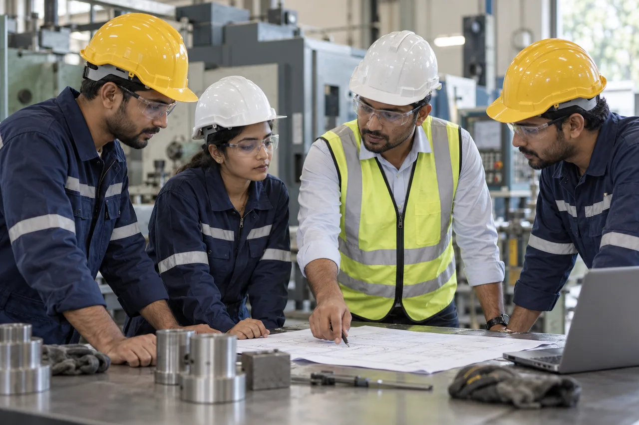 Illustrative skilled workers discussing plans in a workshop