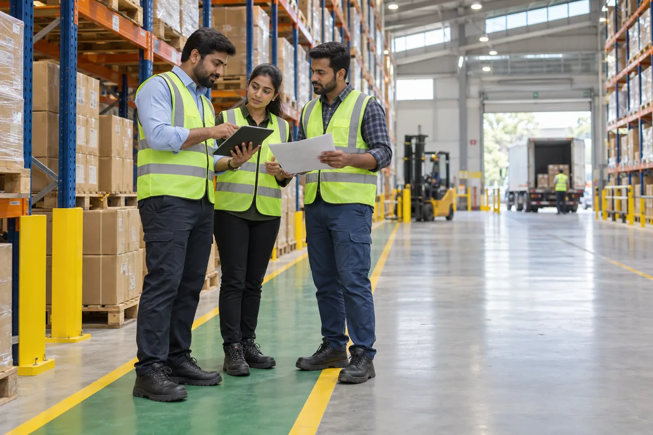 Illustrative warehouse professionals coordinating inventory and logistics