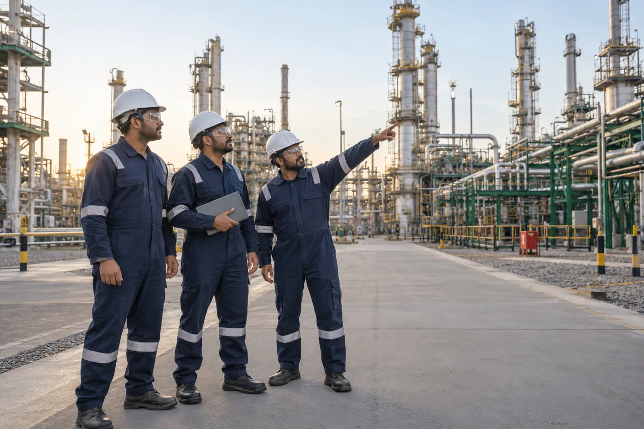Illustrative oil and gas technicians wearing protective equipment at a refinery