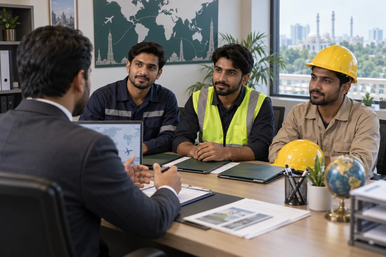 Illustrative recruiter briefing skilled workers about overseas employment