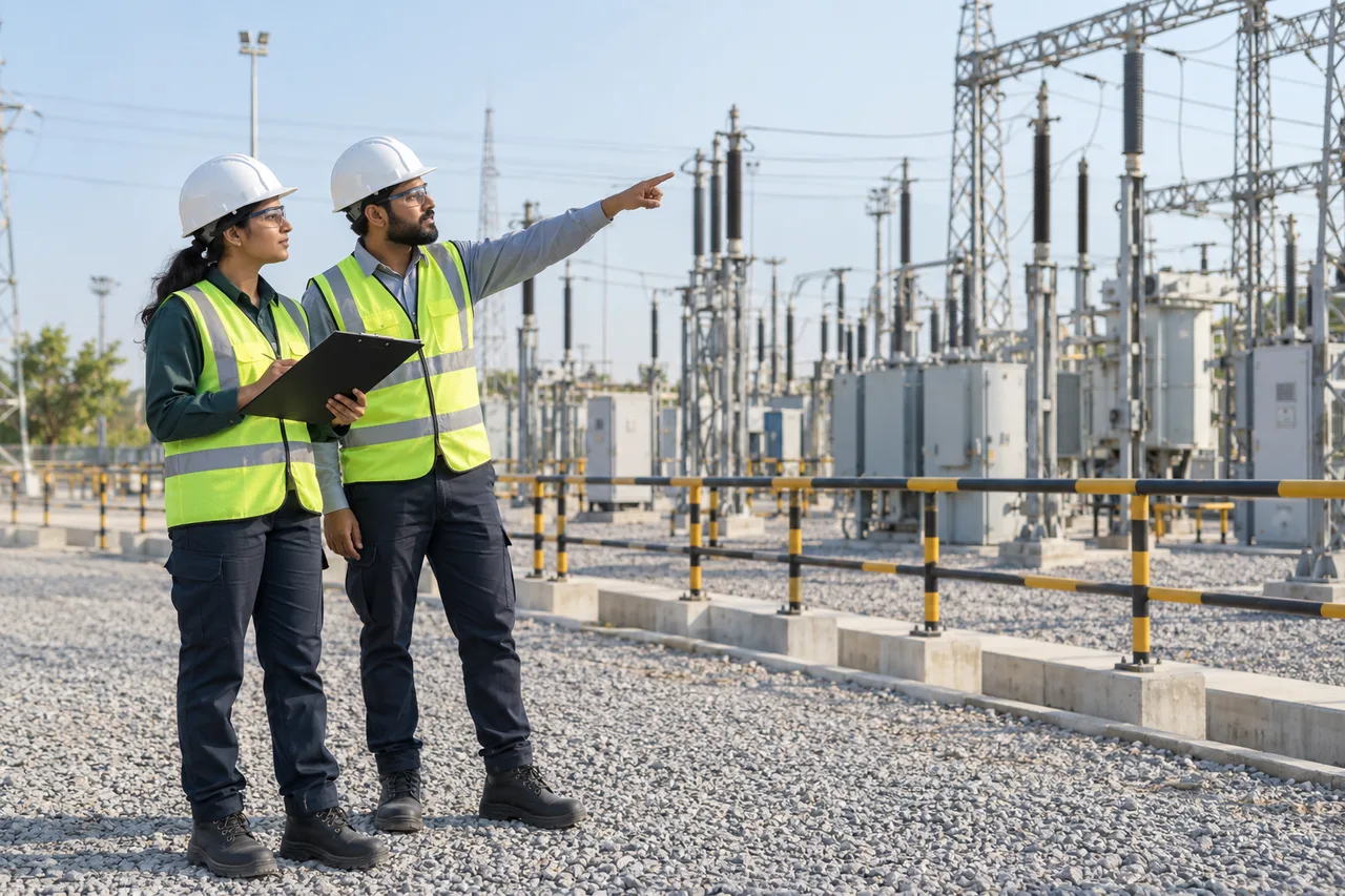 Illustrative electrical engineers inspecting a power facility
