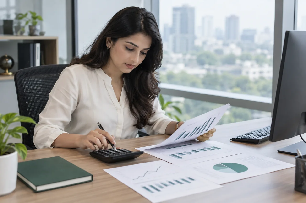 Illustrative analyst comparing compensation information and charts