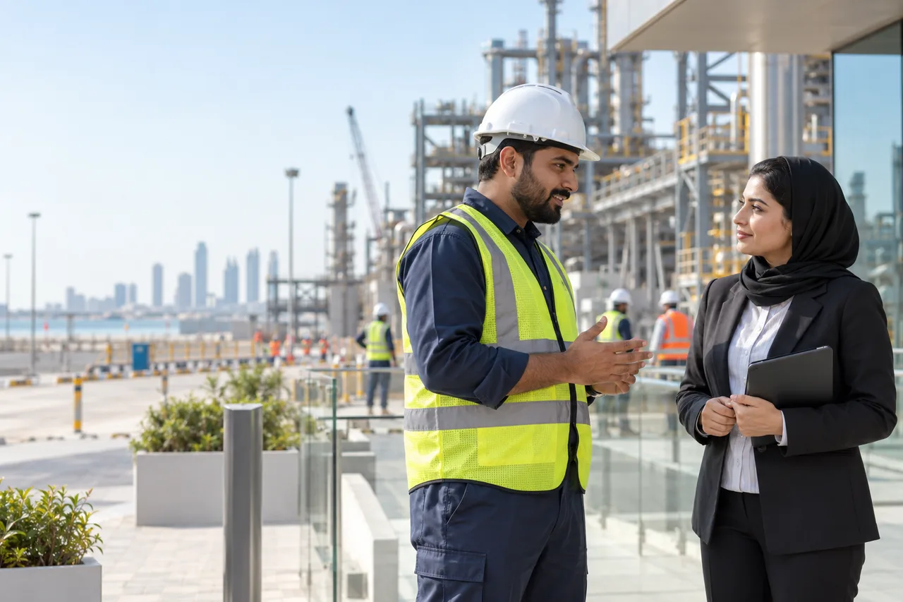 Illustrative engineer and recruitment professional at an industrial work site